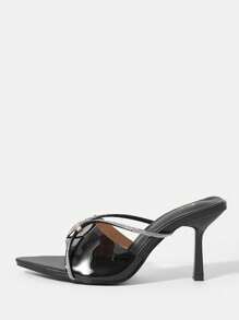 SheIn SXY 女款時尚黑色尖頭粗中跟鞋,附水鑽細節 - 黑色 - 查看 4