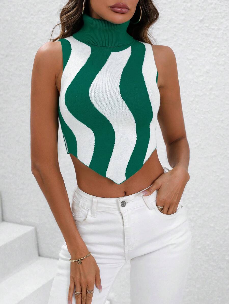 SHEIN LUNE High-collar Colorblocked Knit Tank Top - Green - View 1