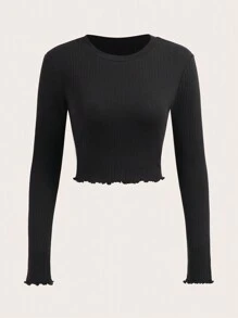 SHEIN EZwear Ladies' Solid Texture Stripe Long Sleeve T-shirt - Brown - View 3