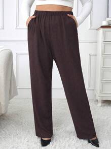 Celure 大尺碼紋理斜口袋長褲 - 巧克力棕 - 查看 1