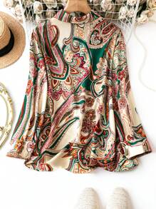 SHEIN Clasi 大尺碼佩斯利印花長袖襯衫 - 杏色 - 查看 2