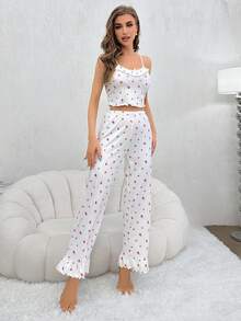 Frilled Edge Floral Print Cami & Long Pants Pajamas Set - White - View 6