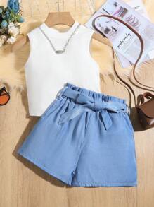 SHEIN Tween Girl Solid Color Vest And Shorts 2pcs/Set