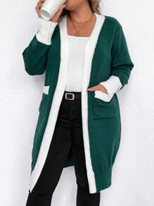 SHEIN LUNE Khối màu Cạnh Nối Giải trí Áo len Mở - Màu xanh lá cây đậm - Xem 1