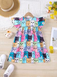 SHEIN Vestido De Manga Abullonada Con Patrón De Gato Lindo Tejido Para Niñas Pequeñas - Multicolor - Ver 1