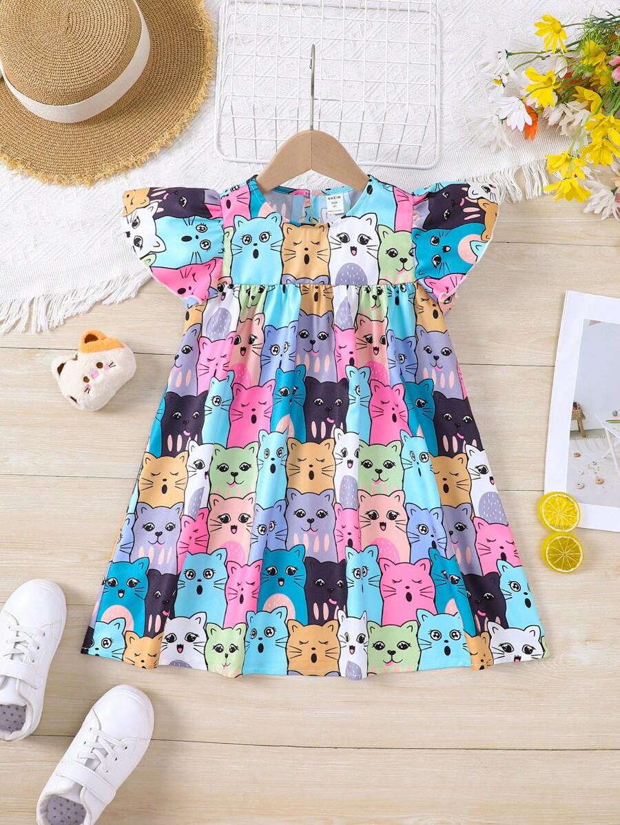 SHEIN Vestido De Manga Abullonada Con Patrón De Gato Lindo Tejido Para Niñas Pequeñas - Multicolor - Ver 1