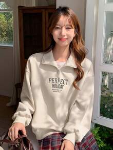 DAZY Nửa Zip Giải trí Áo nỉ Với In - Màu be - Xem 2