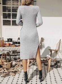SHEIN LUNE 純色高開叉毛衣連衣裙 - 灰色 - 查看 2