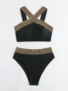 SHEIN Swim 女士露背比基尼套装 嘉年华 夏季 - 黑色 - 查看 8
