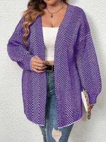 SHEIN Franclia 大尺碼鬆身仿斜紋開衫編織,直落肩設計 - 紫色 - 查看 3