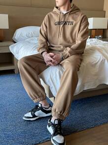 DAZY Men's Letter Printed Drawstring Hoodie And Jogger Pants Two-piece Set - Khaki - View 1