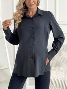 SHEIN Maternity Solid Color Button-front Casual Shirt - Black - View 7