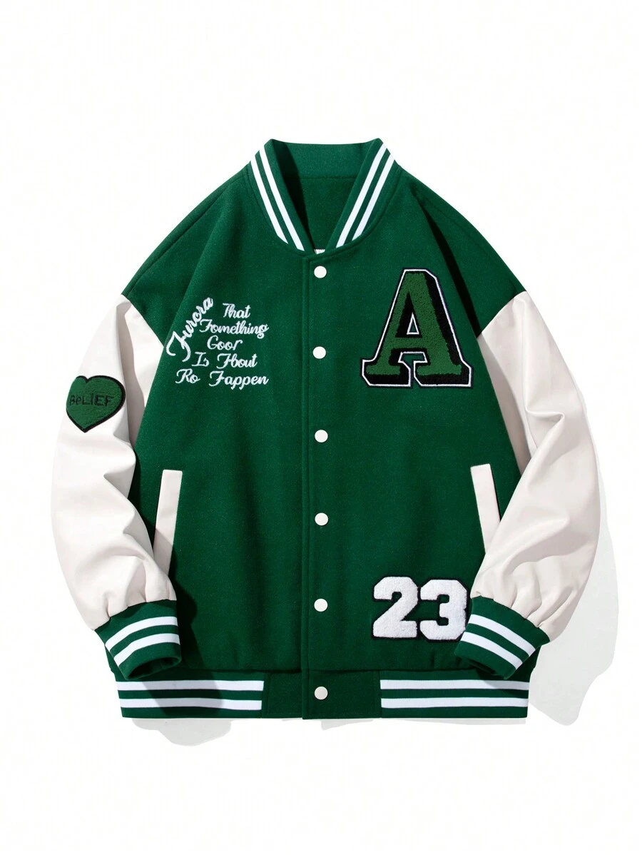 Men Slogan Graphic Striped Trim Colorblock Drop Shoulder Varsity Jacket - Green - View 1