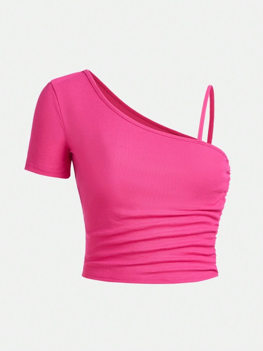 SHEIN 十幾歲女孩的肋紋針織單肩背心上有褶皺,休閒t恤 - 玫紅色 - 查看 1