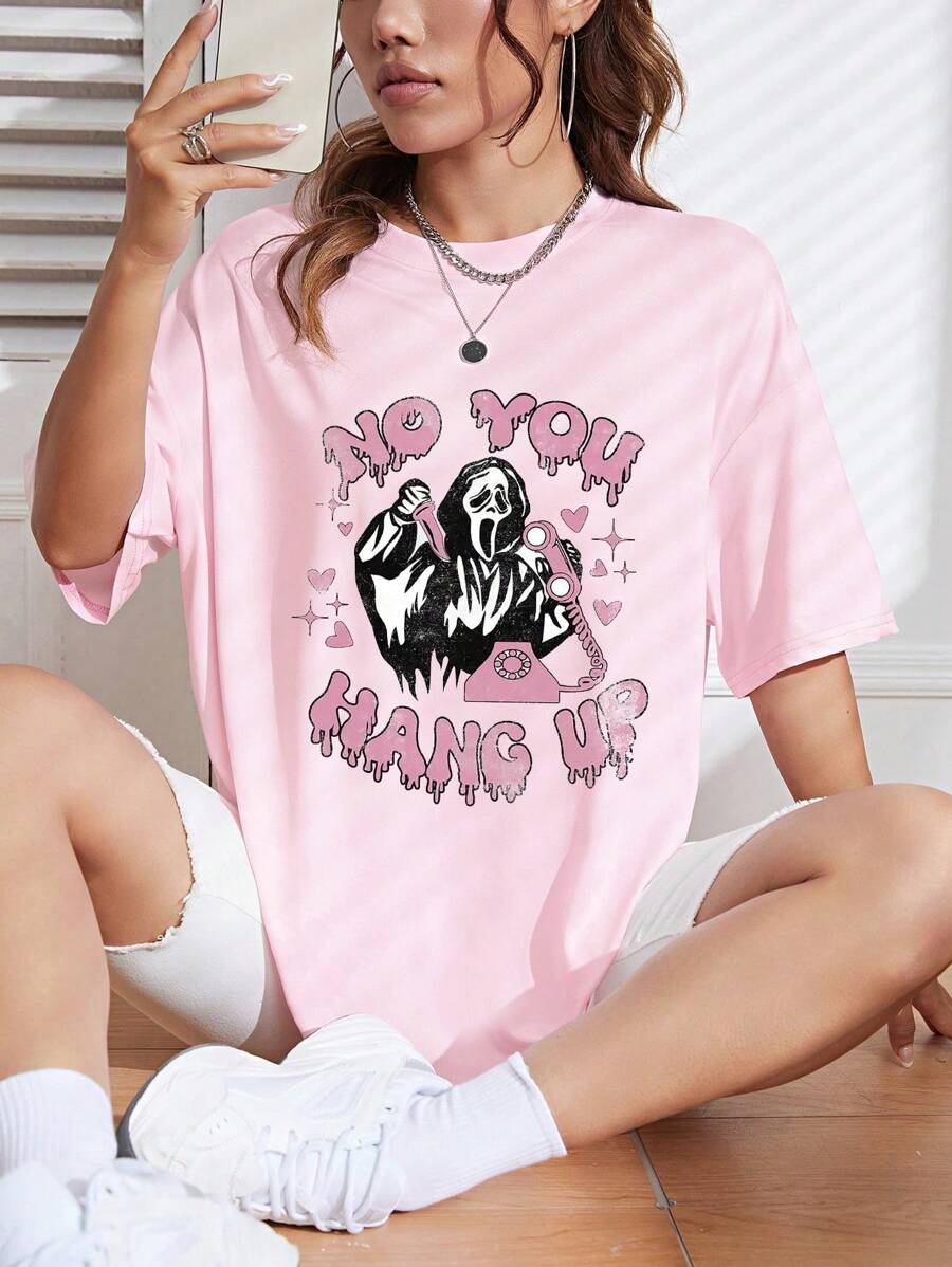 INAWLY Plus Size Skull And Slogan Printed T-Shirt Graphic Tees Women Tops