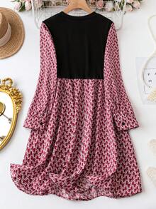 Celure 大尺碼印花拼接連衣裙 - 酒紅色 - 查看 2