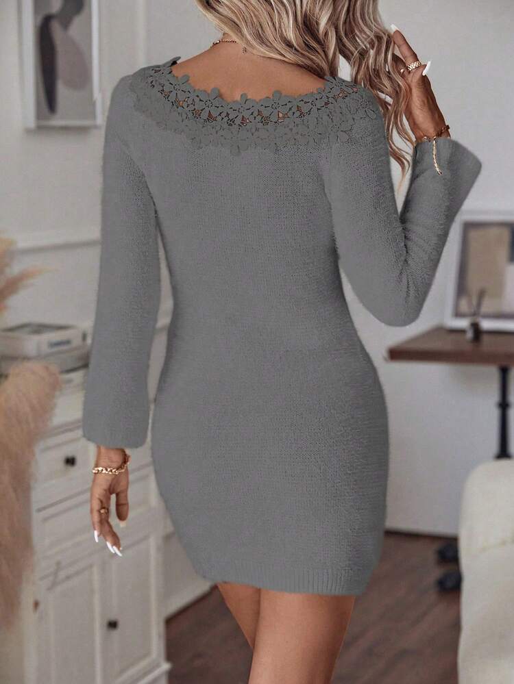 Lace Splicing Bodycon Sweater Dress Fall Cloth For Women