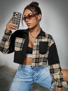 SHEIN EZwear Ladies' Plaid Patchwork Cropped Shirt - Black - View 1