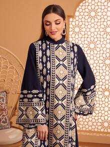 Al Najma 几何图案立领荷叶边袖 Jalabiya 连衣裙，朴素的长袍