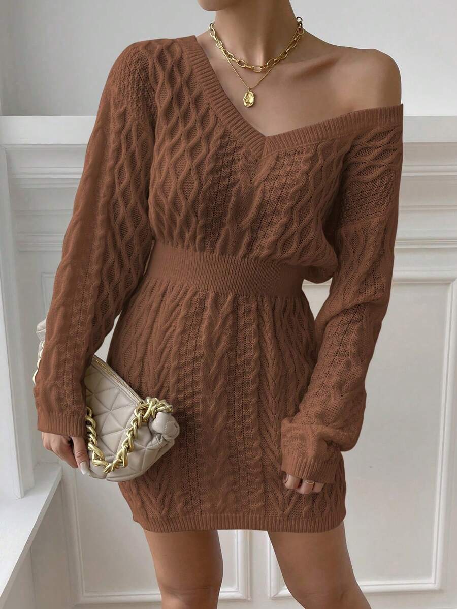 Chiquease Cable Knit V-Neck Bodycon Dress Fall Cloth For Women - Brown - View 1