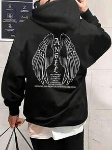 Manfinity EMRG Men's Hooded Sweatshirt With Slogan & Wing Print And Drawstring - Black - View 3
