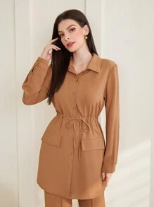 Mulvari Drawstring Waist Flip Detail Shirt And Pants Set 2 Piece Set - Khaki - View 5