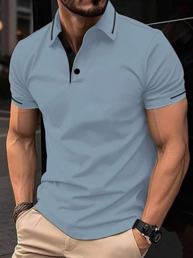 Manfinity Homme Camisa polo de manga corta para hombre, Botones con cuello de bloqueo de color para golf y negocios - Neblina azul - Añade 1