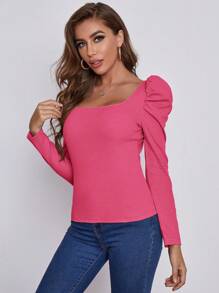 SHEIN Clasi Square Neck Puff Sleeve T-shirt - Hot Pink - View 5