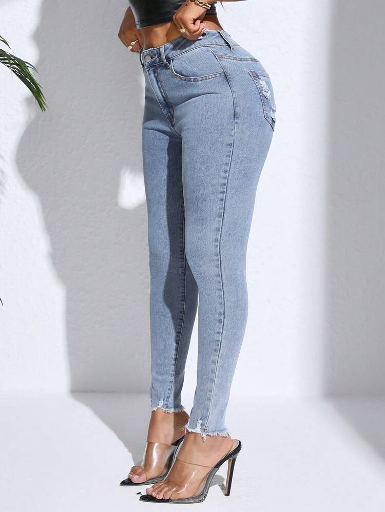 SHEIN SXY Slim Fit Denim Jeans With Frayed Hem - Light Wash - View 5