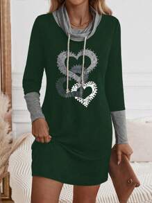 SHEIN LUNE 長袖束腰心形圖案連衣裙 - 彩色 - 查看 4