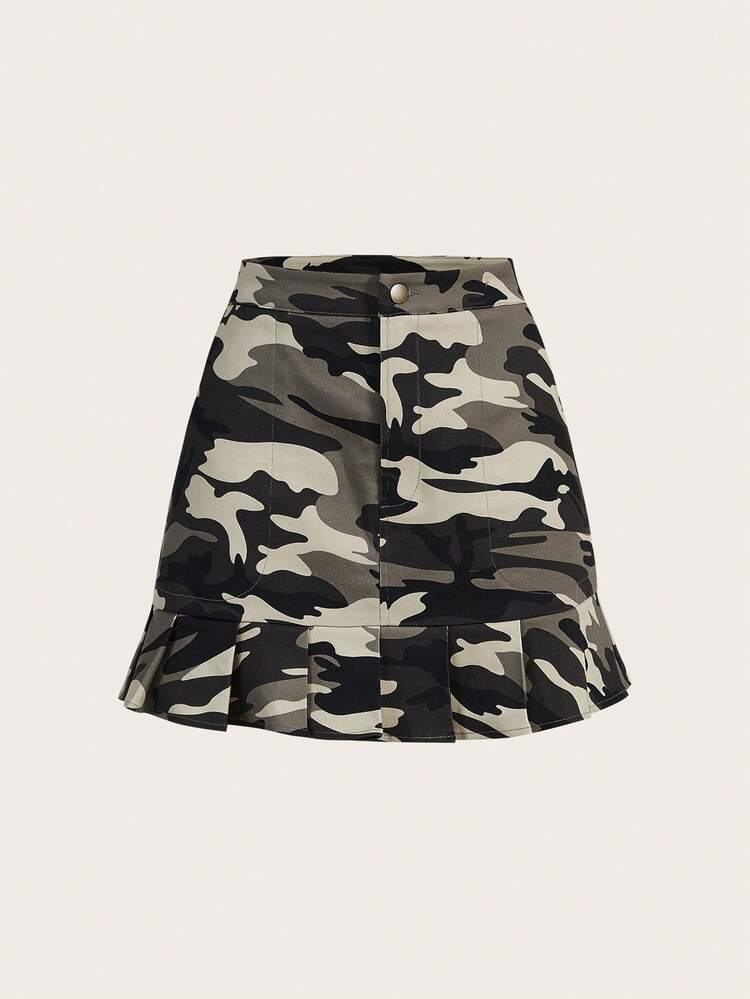 Women's Camouflage Pleated Skirt With Flounce Hem