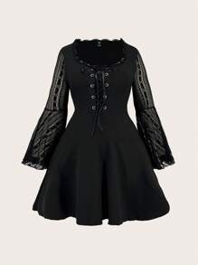 SHEIN PUNK Kích thước lớn Của phụ nữ Ren Vá lại Tay áo chuông Váy có thắt lưng - màu đen - Xem 1