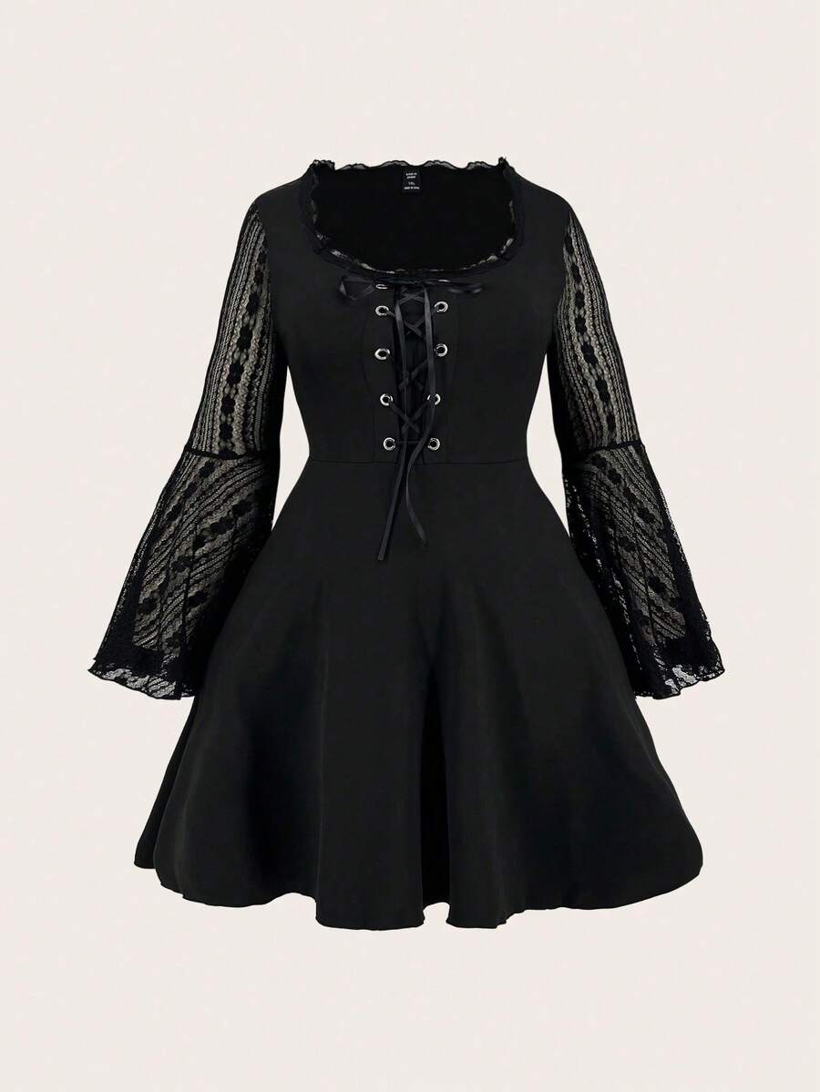SHEIN PUNK Kích thước lớn Của phụ nữ Ren Vá lại Tay áo chuông Váy có thắt lưng - màu đen - Xem 1