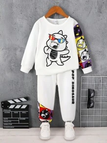 SHEIN 男童可愛恐龍印花春秋長袖套裝 - 白色 - 查看 1