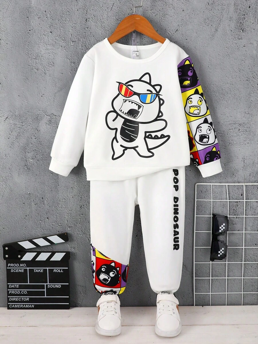 SHEIN 男童可愛恐龍印花春秋長袖套裝 - 白色 - 查看 1