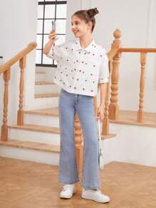 女童編織松身心型紋休閒襯衫 - 白色 - 查看 4