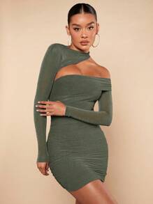SHEIN BAE Women's Asymmetrical Neckline Hollow Out Dress With Sequins Accent And Slim Fit Design - Army Green - View 3