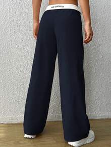 SHEIN EZwear 顏色拼接高腰字母印花褲子 - 藏蓝色 - 查看 5