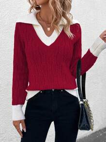 SHEIN Frenchy Của phụ nữ Khối màu Collared Áo chui đầu Áo len - Màu Đỏ Sâu - Xem 1