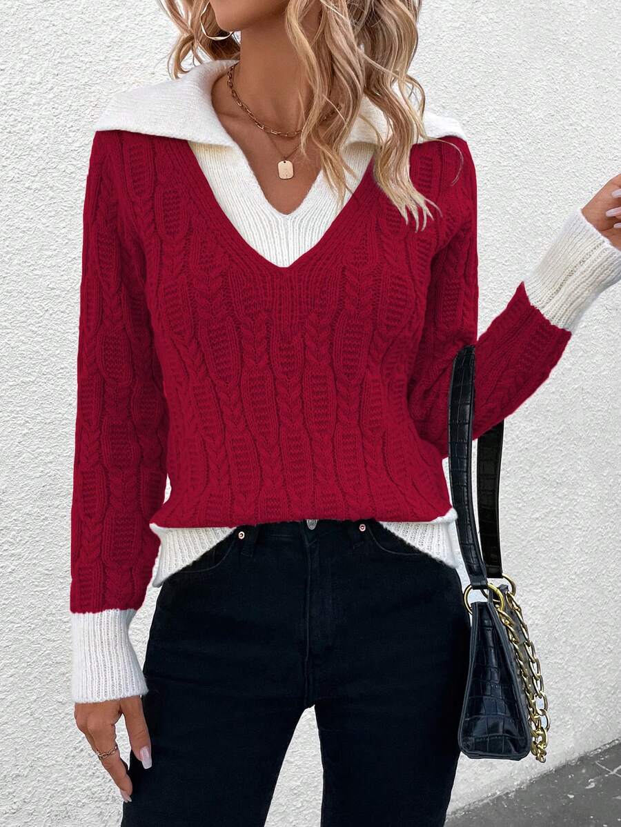 SHEIN Frenchy Của phụ nữ Khối màu Collared Áo chui đầu Áo len - Màu Đỏ Sâu - Xem 1