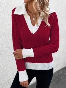 SHEIN Frenchy Của phụ nữ Khối màu Collared Áo chui đầu Áo len - Màu Đỏ Sâu - Xem 4