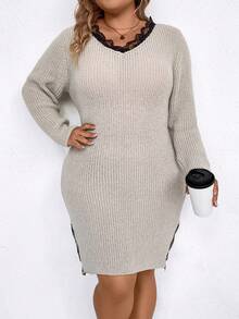 SHEIN Clasi 大尺碼蕾絲拼接高開衩毛衣連身裙 - 灰色 - 查看 4