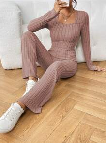 SHEIN Frenchy Square Neck Long Sleeve T-shirt And Bell-bottomed Pants - Pink - View 4