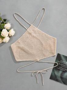 Flirla Plus Size Women's Halter Backless Knitted Top - Apricot - View 1