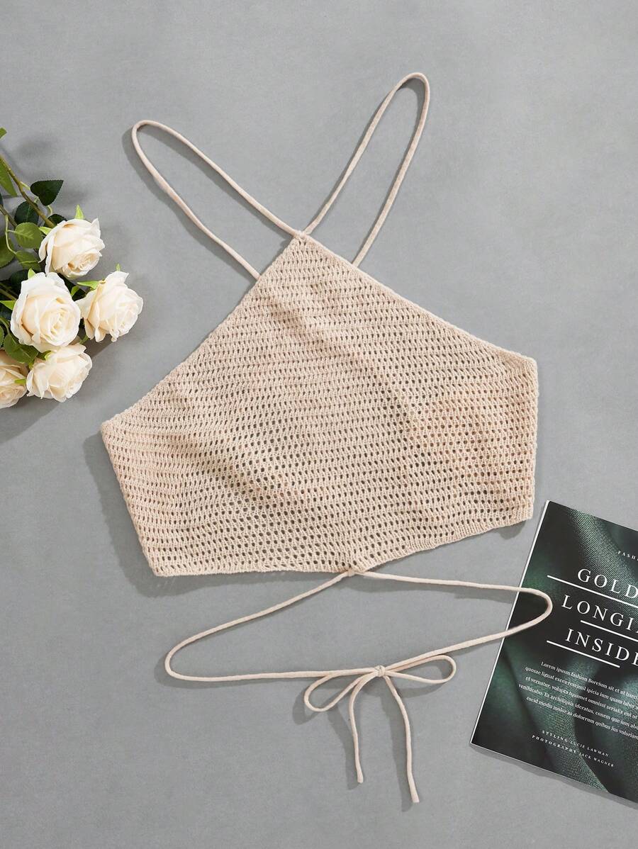 Flirla Plus Size Women's Halter Backless Knitted Top - Apricot - View 1