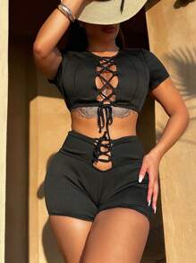 SHEIN Swim 交叉带两件套比基尼套装夏季海滩