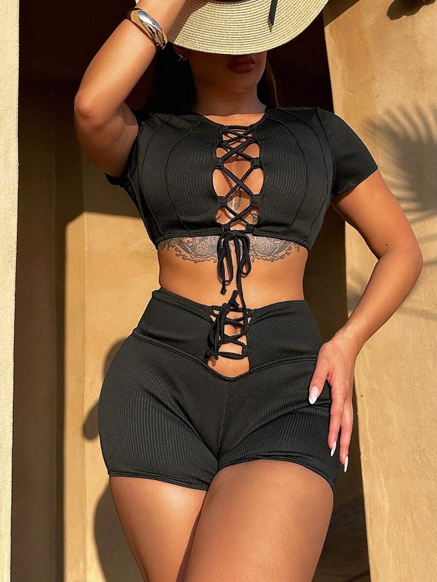 SHEIN Swim 交叉带两件套比基尼套装夏季海滩