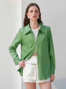 Anewsta Camisa Con Cremallera De Doble Cabeza De Color Liso Para Mujer - Verde - Ver 4