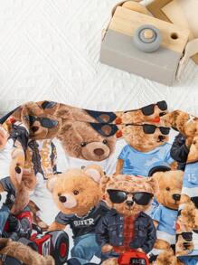 SHEIN Young Boys' Cartoon Print T-Shirt, Solid Color Vest And Cargo Shorts Set With Bear Detail