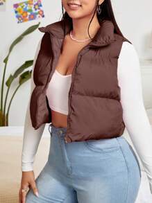 SHEIN EZwear Plus Size Women's Short -padded Vest - Chocolate Brown - View 2